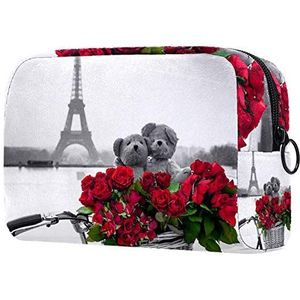Toilettas met rits,Grote capaciteit herbruikbare make-up zakje cosmetische reistas met Parijs Eiffeltoren met fiets roos voor tienermeisjes vrouwen