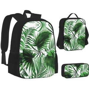 SUHNGE Witte schooltas met dierenprint, 3 stuks, wandelen, lichtgewicht, laptop, rugzak, etui, lunchtas, Palm Leaf, Eén maat