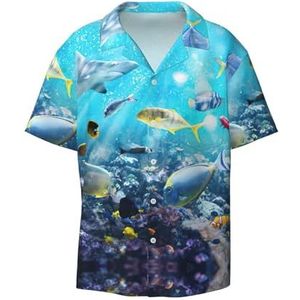 OdDdot Kleurrijke 3D Natuur Scenic van Zee Onderwater van Tropische Vissen Print Mannen Button Down Shirt Korte Mouw Casual Shirt voor Mannen Zomer Business Casual Jurk Shirt, Zwart, M