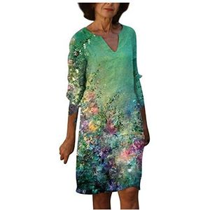 XWANG Zomerjurk voor dames, V-hals, vrijetijdsjurk, linnen jurk, blousejurk, dames, retro stijl, print, shirt, katoen en linnen, casual, plus size, losse tuniek, stoffen jurk, zomerjurk