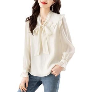 ROUZIHU Chiffon shirt met lange mouwen en strik, voor dames, met losse knopen, trompetmouwen, Wit, XXL