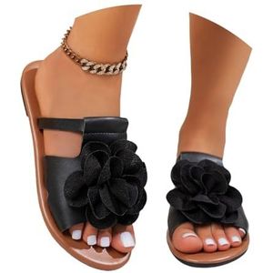2025 Grote Maat Slippers Vrouwen Retro Romeinse Sandalen Student Platte Slippers Met Bloemen PU Leer Open Toe Slingback Slippers Comfortabele Strand Schoenen for Buiten(Black,43 EU)