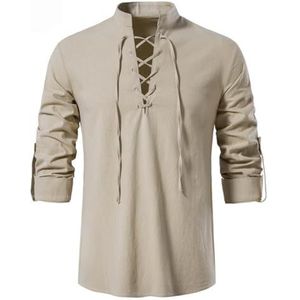 Renaissance-overhemden voor heren, middeleeuwse steampunk overhemden van katoen-linnen effen kleur, lange mouwen, klassieke blouses met veters in vintage-stijl voor carnaval, Vikingkostuum, Halloween