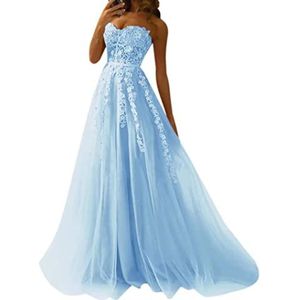 CLLA dress Sexy avondjurk zonder bandjes voor vrouwen, kanten applicaties, baljurken, backless lange tule bruiloftsgastjurken, lichtblauw, 38