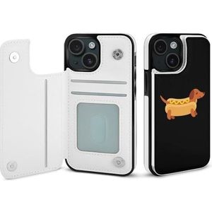 Teckel in hotdog broodje met mosterd, openklapbaar telefoonhoesje compatibel voor iPhone 15, schattig portemonneehoesje, telefoonhoesje met kaarthouder