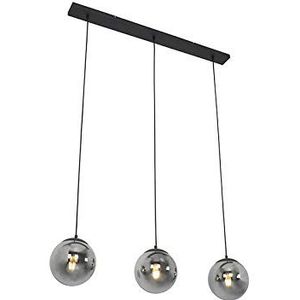 QAZQA - Art Deco Art Deco Hanglamp | Eettafel | Eetkamer zwart met smoke glas 3-lichts - Pallon | Woonkamer | Slaapkamer | Keuken - Glas Langwerpig - E27 Geschikt voor LED - Max. 3 x 40 Watt