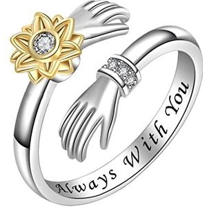 You Are My Sunshine Daisy Flower Open Ring, Eerste ring openen, Sterling zilveren ringen met zonnebloem en hand, zonnebloem eerste letter spinner ring voor verjaardag Jimii