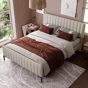 Moimhear Gestoffeerd bed, bedframe met lattenbodem en verstelbaar hoofdeinde, beige, linnen materiaal (140 x 200 cm, matras niet inbegrepen)