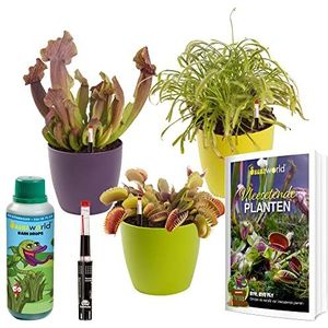 vdvelde.com - Vleesetende Planten Set + Boek, Watermeters & Gekleurde Potten - Planten soorten: 1x Venus Vliegenval, 1x Zonnedauw & 1x Trompetbekerplant - Pot Ø 9 cm, Plant Hoogte: 10-20 cm