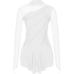 CXPMY Kunstschaatsen Jurk Dames Kunstschaatsen Jumpsuit Sheer Mesh Splice Lange Mouw Dancewear Ballet Jurk Ritmische Gymnastiek Turnpakje Dansen Body (Wit, L)