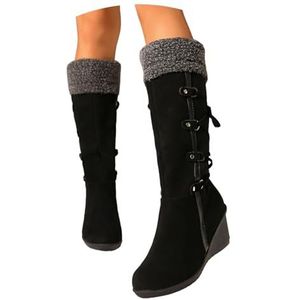 Hoge Laarzen Met Pluche Kraag, Dameslaarzen Met Sleehak, Warme Suède Winterlaarzen, 2025 Nieuwe Vintage Veterlaarzen Met Franjes for Buiten/reizen(42 EU)