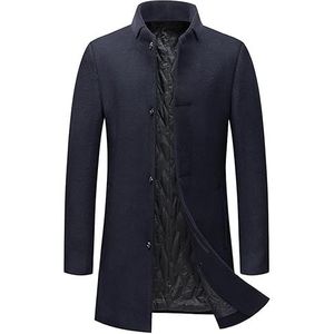 Trenchcoat for Heren Slim Fit Wollen Gemengde Winterjas Met Enkele Rij Knopen Middellange Gewatteerde Gevoerde Zakelijke Uitloper (Color : Navy, Size : Men-3XL)