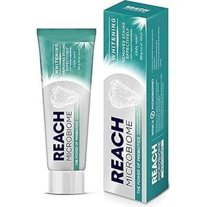 REACH Microbiome tandpasta Whitening 120g, tandpasta met koele muntsmaak, vlekverwijdering, probiotische natuurlijke ingrediënten, gezond tandvlees, tandsteen, dagelijkse verzorging.