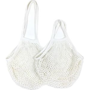 MZPOZB Draagbare Katoenen Mesh Tas 2Pcs Draagbare Boodschappentas Voor Fruit Groente Kleurrijke Katoen Herbruikbare Boodschappen Zakken Opbergnet Tas Mesh Lange Handvat Tote Bag Mesh Zakken, Wit 01,