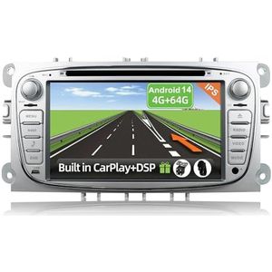 YUNTX [4GB+64GB] Android 14 2 Din Auto Stereo Fit voor Ford Focus/Mondeo/Galaxy/S-max [Ingebouwde CarPlay/Android Auto/DSP/GPS] -IPS 2.5D 7 ""Touchscreen-CAM+MIC-DAB/360 Camera/Bluetooth 5.0/Mirror