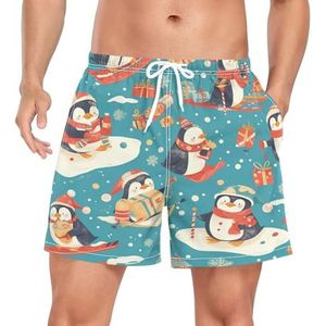 Wzzzsun Kerst Cartoon Leuke Pinguïns Mannen Zwembroek Board Shorts Sneldrogende Trunk met Zakken, Leuke mode, S
