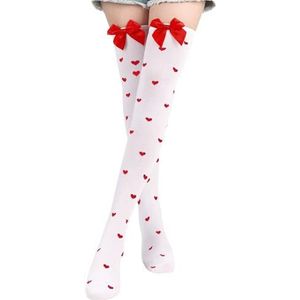 BETESSIN 1 paar witte dijhoge sokken met rood hart kniekousen met strikken ondoorzichtige over de knie witte sokken voor vrouwen Valentijnsdag Kerstmis Halloween feestgeschenken, Wit & Rood, 37-40 EU