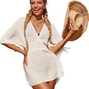 Sexy badpak voor dames, V-hals, badpak, backless strand, cover-up sarong, tuniek, strandkleding, vakantie, badpak, dames, transparante jurk, badpak, dames, zee (wit)
