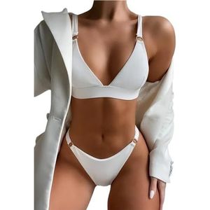 XPJYUA Bikini voor dames, sexy bikiniset voor dames, badpakken met metalen ring, badpak voor dames, effen, gewatteerd badpak voor het strand, Wit, XL