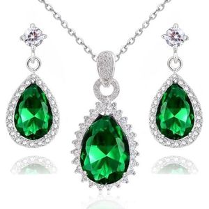 Crystalline Azuria Tranen Groene Gesimuleerde Smaragd Zirkonia Kristallen Set Hanger Ketting 45 cm Oorbellen 18 kt Witgoud Verguld