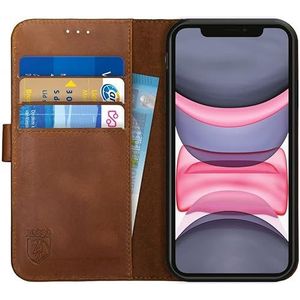 Rosso Deluxe Echt Leer Book Case Hoesje Geschikt voor voor iPhone 11 | Ruimte voor drie pasjes | Portemonnee Book Case | Met Pasjeshouder | Bruin