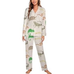 Hagedis schildpad luipaard gekko reptiel vrouwen lange mouw button down nachtkleding zachte nachtkleding lounge pyjama set 2XL