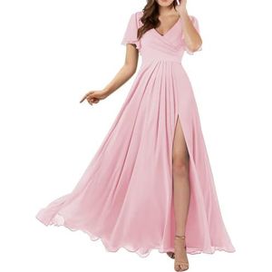 Dames chiffon bruidsmeisjes jurken met split lange galajurken ruches cocktailjurk plus size, roze, 32