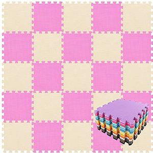 Zachte babyspeelmat van EVA-schuim voor op de vloer, draagbare en opvouwbare puzzelstukken, 25 tegels (30 x 30 x 1 cm), roze en beige. QQC-CJb25N