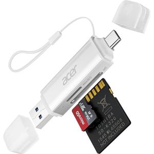 acer SD Kaartlezer, Dubbele USB 3.0 en USB C naar Micro SD-Kaartadapter, aluminium OTG-adapter Geheugenkaartlezer voor SD/Micro SD/TF/SDHC/SDXC, iPhone 15-16/Android/Windows/macOS enz.-Zilver