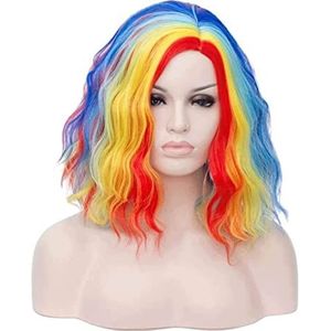 Pruiken Vrouwenpruiken Golvend Krullend Pruiken Bob Synthetische Pruik Party Rainbow Color Mixing Wigs Cosplay Pruiken Voor Vrouwen (Color : A, Size : 15in)