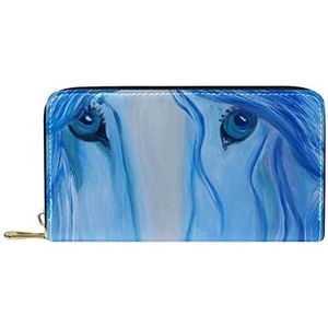 Portemonnee Leer triest Blauw Paard schilderij Lederen Zip Lange Portemonnee, Meerkleurig, 20.5x2.5x11.5cm/8.07x1x4.53 in, Klassiek