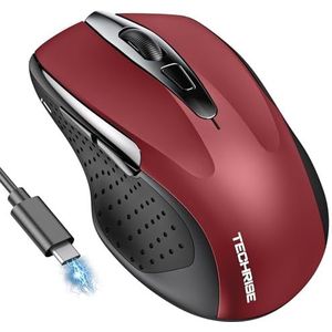 TechRise Bluetooth Muis, 2,4 G Draadloze Muis (BT 5.0/3.0 + 2.4G) 4800 DPI Oplaadbare Ergonomische Muis Met USB-A-Ontvanger, 6 Niveaus DPI Stille Muis voor Laptops, Computer, PC, Windows, Rood