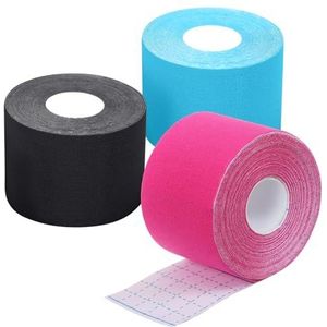 Kinesiologie Tape Sport (3 rollen 5 m), elastische sporttape van katoen, zelfklevende tape voor spieren en gewrichten, 5 cm breed (blauw en zwart & roze)
