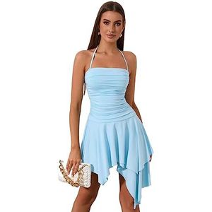 jurken voor dames Ruched Asymmetrische Hem Tie Backless Ruched Halter Jurk (Color : Baby Blue, Size : XL)