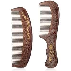 Xuxuejing 2 Stuks Houten Haar Kam, Sandelhout Fijne Tandkam Natuurlijke Hout Ontwarrende Kammen Voor Plagen Strengen Post Styling Lange Korte Dikke Dunne Golvend Krullend Haar Vrouwen Meisjes Hoofd