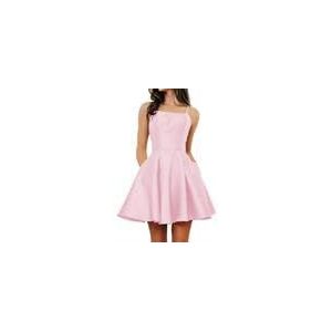Korte thuiskomst jurken voor tieners met zakken vrouwen spaghettiband satijnen baljurk, roze, 54