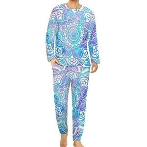 Mandala Roze Lavendel Aqua Galaxy Comfortabele Heren Pyjama Set Ronde Hals Lange Mouw Loungewear met Zakken S