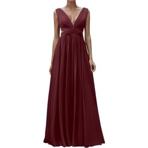 Diepe V-hals Prinses Bruidsmeisjes Jurken Chiffon Galajurken met Split Formele Avondjurk ZM195, Bordeaux, 32