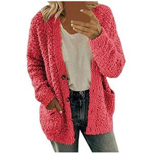 HaicoM Kitted vest voor vrouwen met knopen herfst winter jersey vest dames zakken V-hals lange mouwen bovenkleding dames casual losse warme plus size pluche trui vest jas, roze, XL