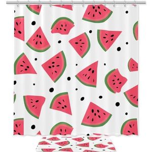 Douchegordijnset, badkamer douchegordijn sets met tapijten, witte achtergrond roze watermeloen, douchegordijn