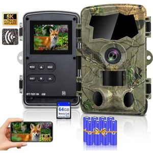Lutranstra 5K Wildcamera, wifi, 64 MP Full HD wildcamera met mobiele telefoon-overdracht, app met accu, infrarood wildcamera met 64G SD-kaart en 8 x AA-batterijen, bewegingssensor, nachtzicht, 0,1 s