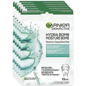 Garnier Skin Active Hydra Bomb Stofmasker, super hydraterende en revitaliserende formule, voor alle huidtypes, met hyaluronzuur en biologische aloë vera, verpakking van 5 stuks