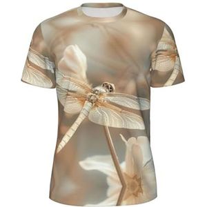 Dragonfly & Flower Print Sportshirt voor heren, ademend koel droog mesh basislaag tops korte mouwen hardlooptop gym shirt, Zwart, S