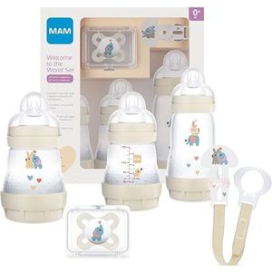 Mam Welkom To The World cadeauset met 3 anticolische babyflessen, fopspeenclip, beige