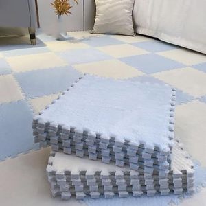 Zeyeo 50 Stuks 12 Inch Pluche In Elkaar Grijpende Zachte Schuimpuzzel Tapijtvierkanten - Tegels Voor De Woonkamer(Light Blue+beige)