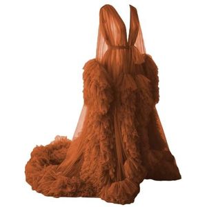 WSEYU Pluizige tule gewaad zwangerschapsjurk voor fotoshoot lange pure bruidsgewaad babyshower jurk plus size, Verbrand Oranje, 32