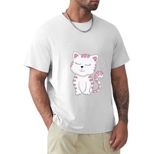 Heren T-shirt roze wit kat korte mouwen T-shirt ronde hals T-shirt voor mannen, Roze Wit Cat1, XXL