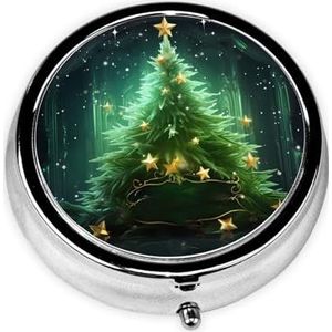 Pillendoosje met spiegel, retro pillendoosje met 3 vakken, groene kerstboom, kleine pillenorganizer voor portemonnee of zak, decoratieve metalen medicijnen, vitamine-organizer, unieke geschenken