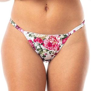 Satini Dames Tanga Bikini Broekje Satijn Broekjes (Ivoor-roze gebloemd, M)