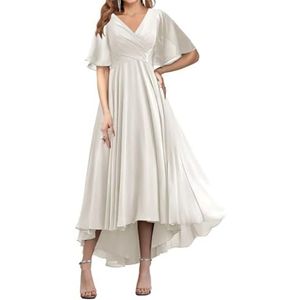 WSEYU Korte Mouw Moeder Van De Bruid Bruidegom Jurken Chiffon Kralen Formele Avond Grootmoeder Jurken Thee Lengte ZM194, Ivoor, 32